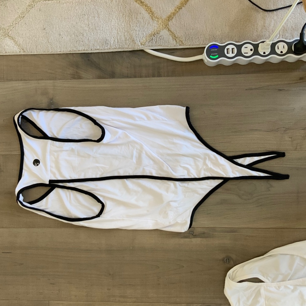 Five Dancewear White Tie Back Tank w/ Black piping